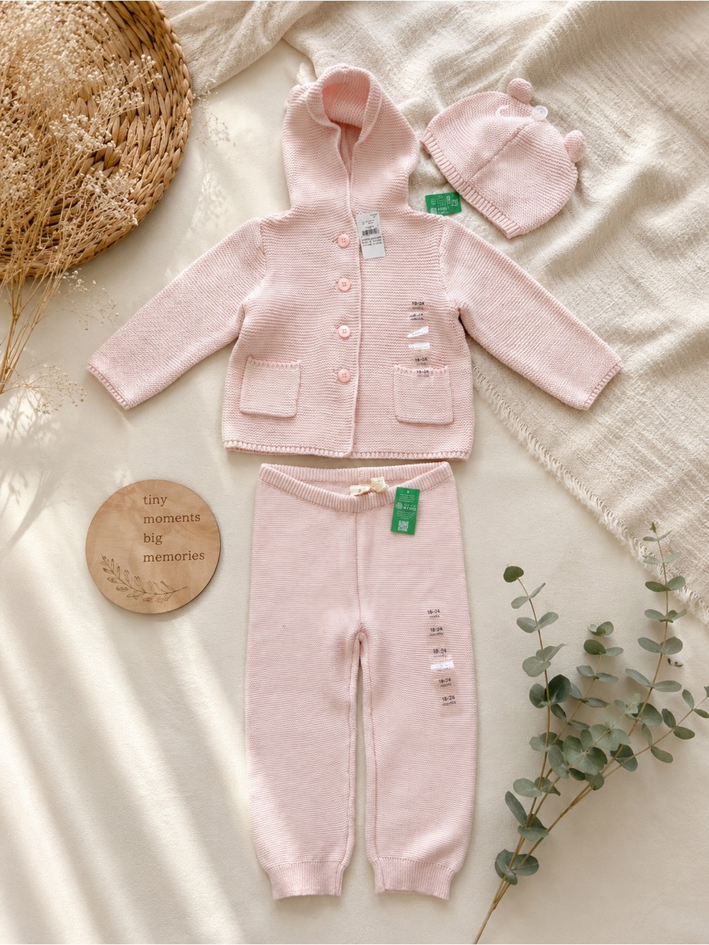 GAP Milkshake Knit Hooded Cardigan, Pants & Bear-Ear Hat Set